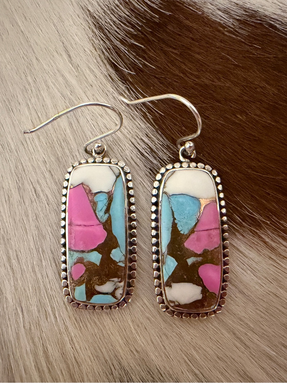 ❤️ Cotton Candy Turquoise Navajo Style Sterling Statement Dangle Earrings 1.77”L - Picture 5 of 12